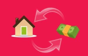 graphic with a house and a stack of money and arrows directed to and from each of them