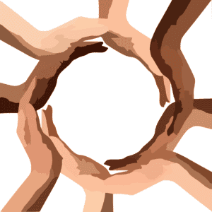 A graphic of a circle of different skin colored hands joining in unison