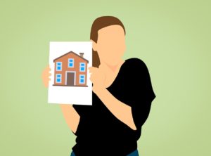 A graphic of a woman holding up a picture of a house
