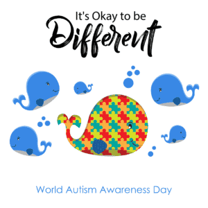a group of animated whales, all are blue except one that is multicolored like puzzle pieces. The text reads its Okay to be different