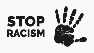 black hand print and words stop racism