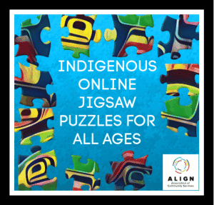Colorful pieces of a jig saw puzzle and text Indigenous Online Jigsaw Puzzles