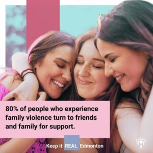 Three young women hugging and supporting each other. They are all smiling. Text reades 80% of people who experience family violence turn to friends and family for support