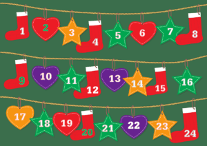 A picture of Christmas stockings, stars and hearts handing on a string - one for each day in Dec. Text reads Online Indigenous Advent Calendar A surprise behind every door! C