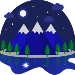 Animation of 3 blue mountains with white peaks surrounded by spruce trees with a dark blue sky and white moon.