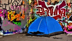 A blue tent infront of wall covered in graffiti
