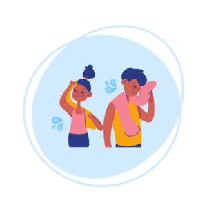 vector of a young man and woman wiping sweat off their faces. They are wearing summer tops.