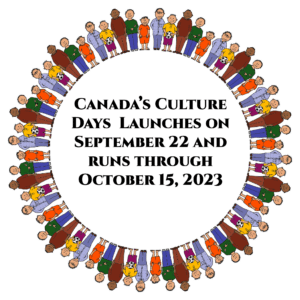 Vector of figurines of people of all different colors and races in a circle. Text reads Canada’s Culture Days Launches on September 22 and runs through October 15, 2023.