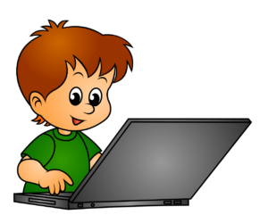 Vector of boy in green t-shirt with brown hair smiling looking at a laptop