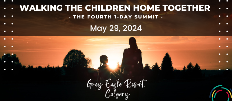 Mother and child walking hand in hand in the dusk towards the setting sun, Walking the Children Home Together Summit May 29, 2024 Calgary