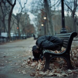 A young person sitting on a bench in fall. It is cloudy and leaves are on the ground. He he is bent over with his head in his lap