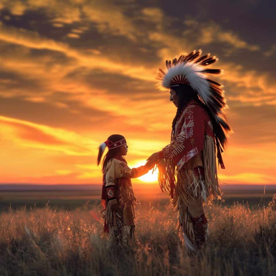 A first nation man in regalia stands holding hands on the open plains with the sun setting in the background