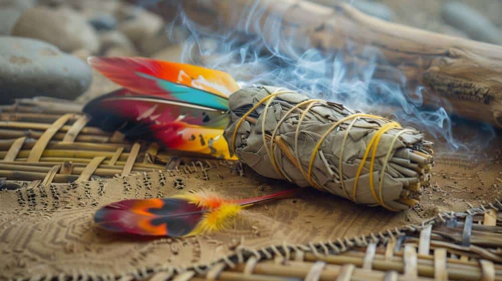 sage bundle with colored feathers and smoke drifting up