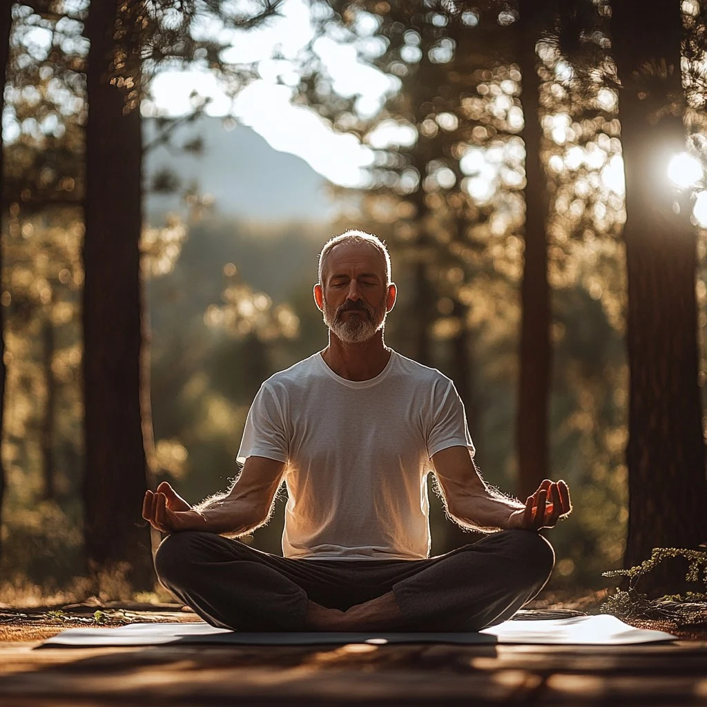 Man sitting in forest meditating