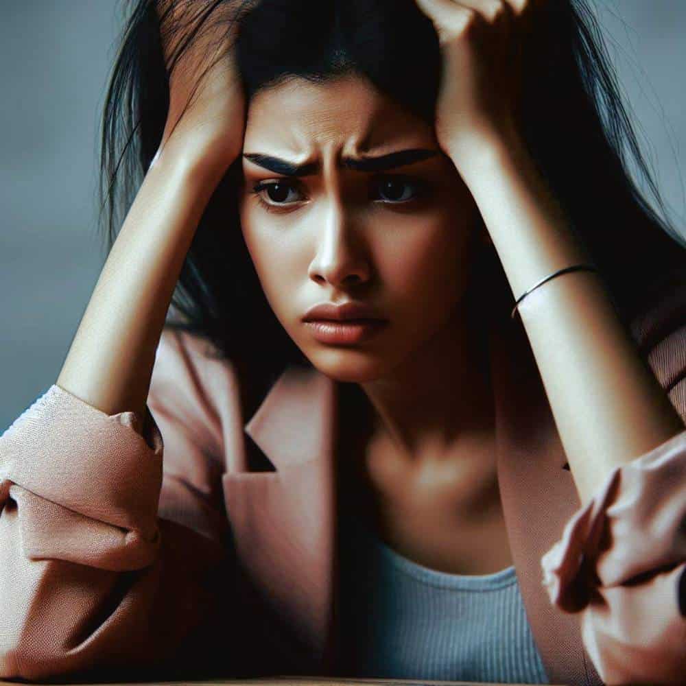 Women resting her head in her hands. She looks frustrated