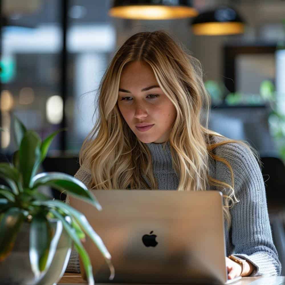 A young professional woman working on a laptop in an office