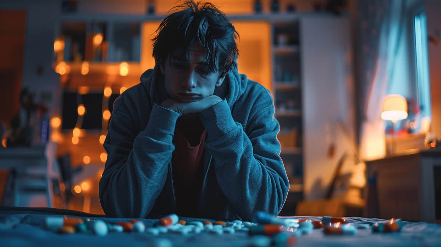 Teen male youth sitting at a table with a bunch of pills spread out on the table in front of him