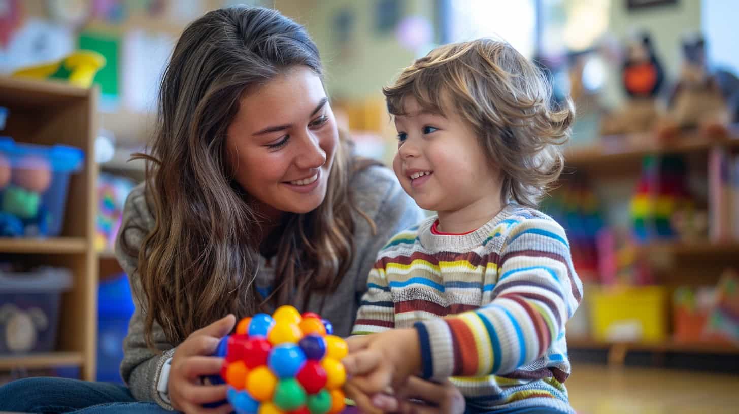 Teach and small child engaging with a colorful tactile toy