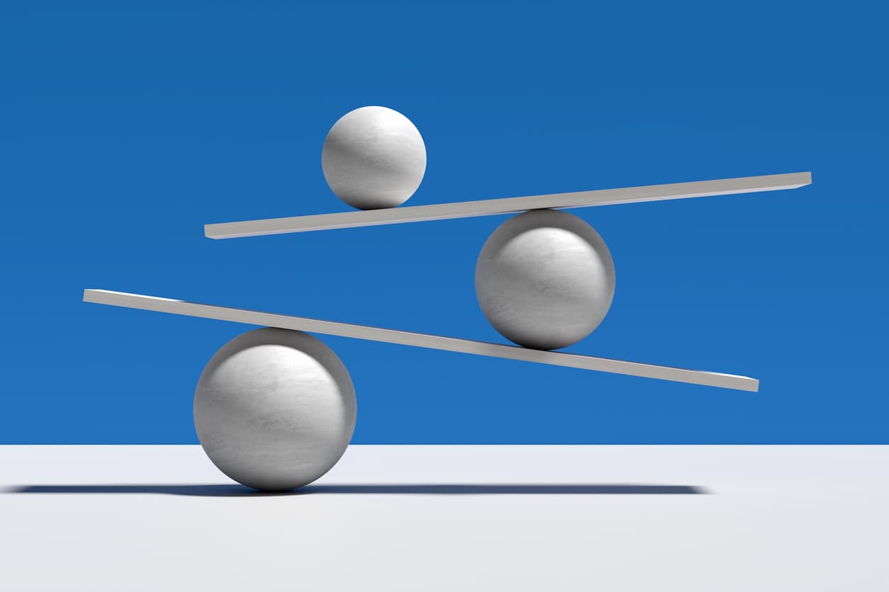 Balance, equilibrium and stability in a risky environment concepts. Spheres balancing on a seesaw. Abstract 3D render.
