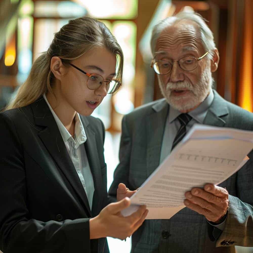 Professional man and woman standing together in an office looking at the document