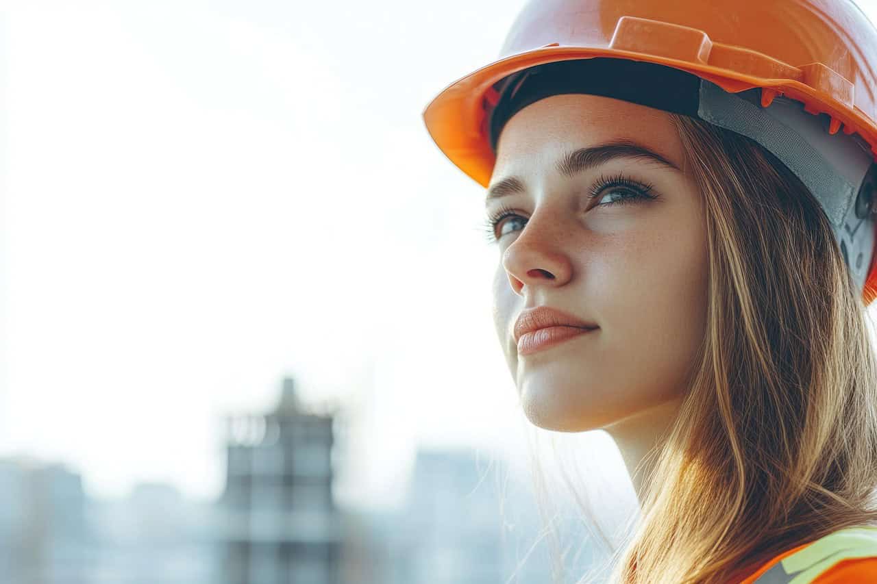 A young lady wearing a hard hat at a construction site